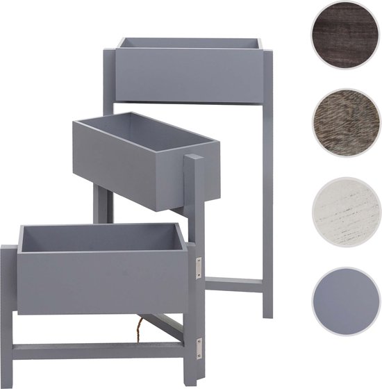 Grijze plantenbak in 3 lagen, trapvormig, met voorbeelden van hout-look kleuren.