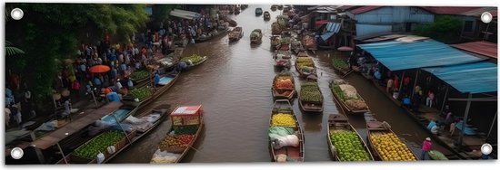 Tuinposter – Markt - Boten - Groente - Fruit - Mensen - Rivier - 90x30 cm Foto op Tuinposter (wanddecoratie voor buiten en binnen)