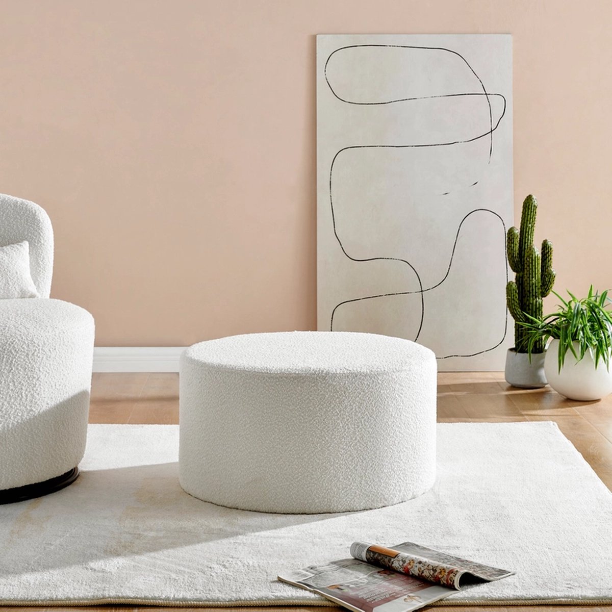 Moderne Bouclé Poef Met Golvend Patroon - Multifunctionele Voetenbank En Bijzettafel 41 X 35 X 43 Cm Wit