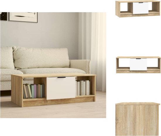 vidaXL Salontafel 102x50x36 cm - Wit en Sonoma eiken - Hoge kwaliteit bewerkt hout - Tafel