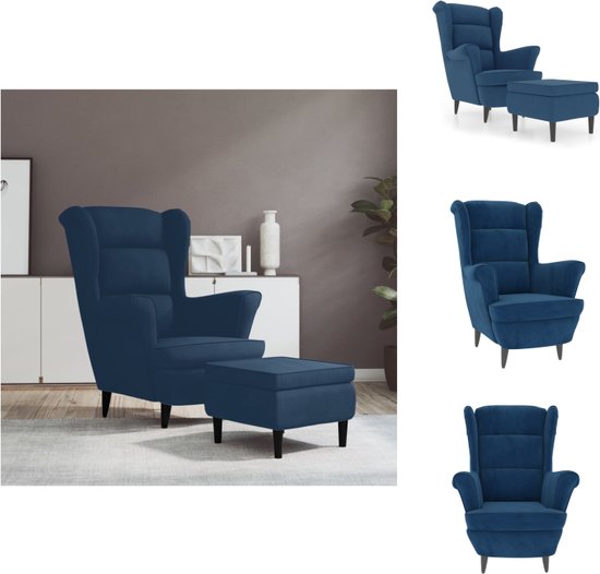 vidaXL Relaxstoel Velvet - Blauw - Armstoel 81x90x96.5cm + Voetenbank 55x54.5x42cm - Multiplex/Rubberwood - Fauteuil
