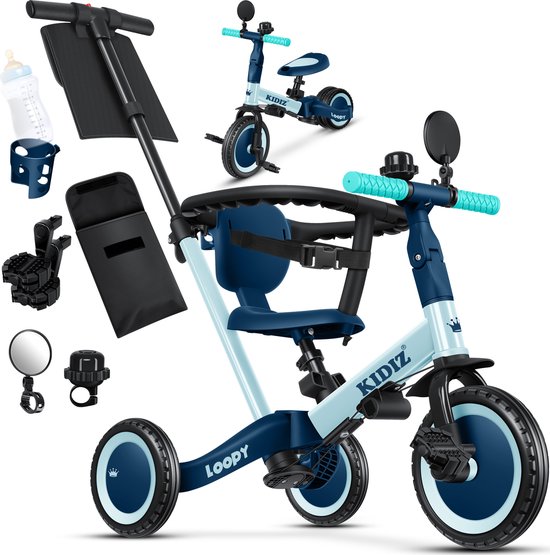 Blauwe en lichtblauwe Kidiz Loopfiets 6-in-1 met accessoires: duwstang, fleshouder, spiegel, bel.