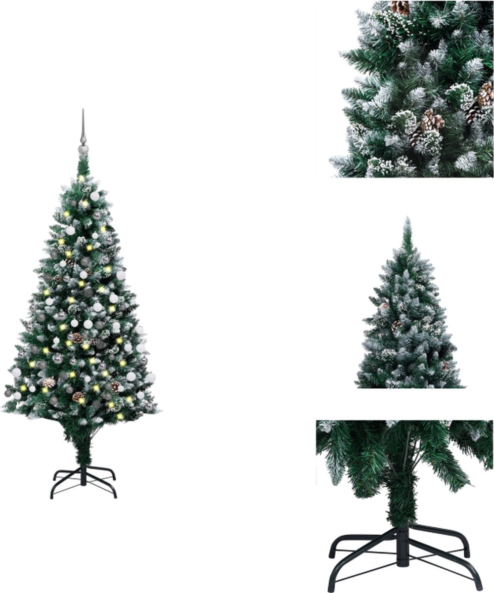 vidaXL Kunstkerstboom - Groen/Wit - 150 cm - LED-verlichting - Inclusief decoratie - Decoratieve kerstboom