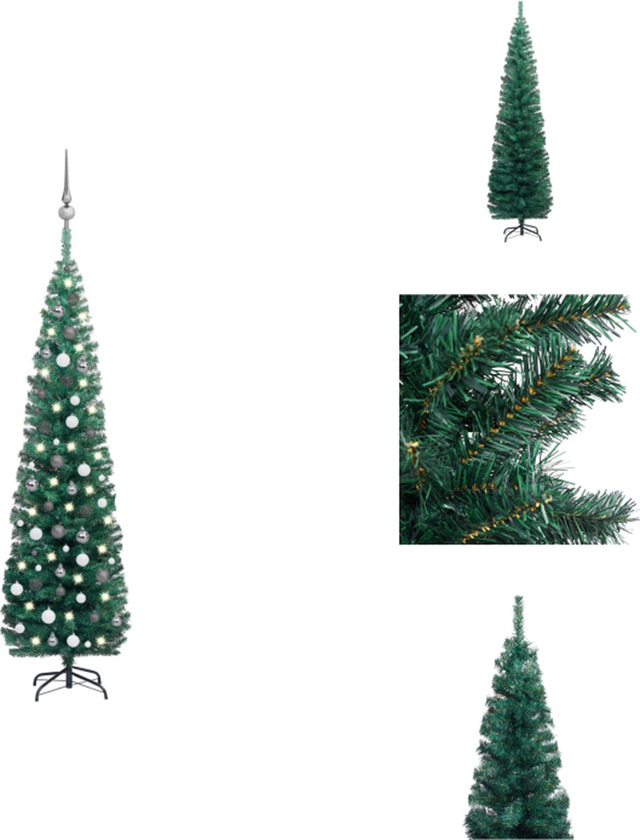 vidaXL Kunstkerstboom - Smalle - Groen - 210 cm - LED-verlichting - Decoratieve kerstboom