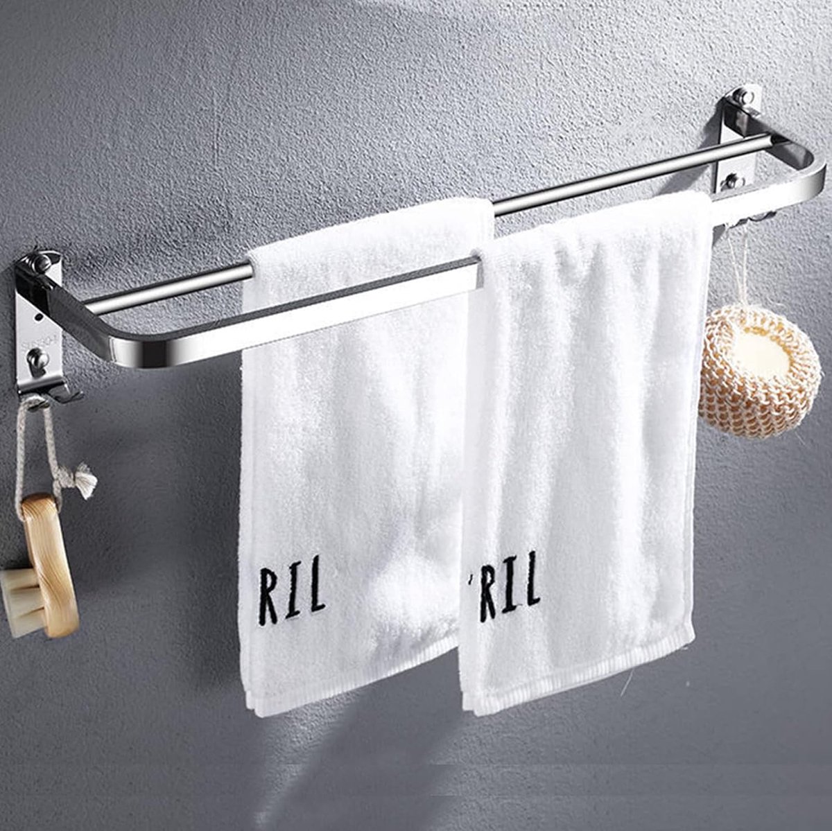 Bathroom Towel Holder, Towel Rail, No Drilling, Towel Rail with Two Towel Holders and Hook Design, Stainless Steel Towel Rail