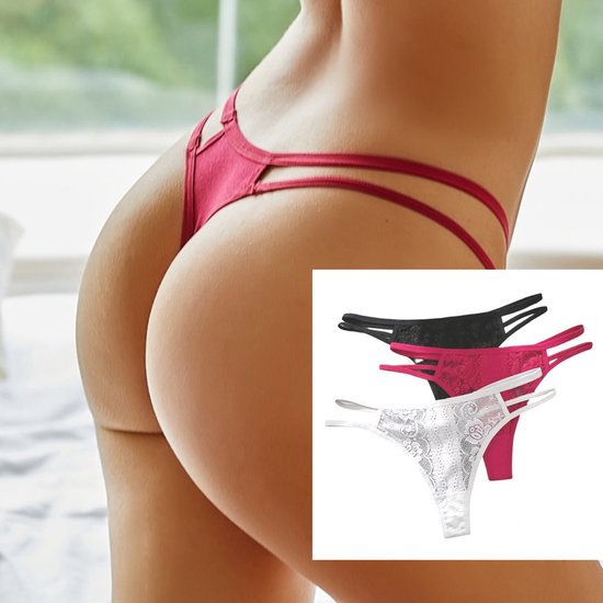 String sexy pour femmes avec dentelle - Paquet de 3 avec Zwart, rouge et Wit - Set Lingerie / Sous-vêtements pour femmes - Taille L