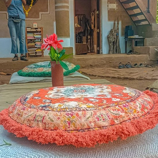 Mandala Life ART Bohemian Decor Meditatiekussen - Vulling niet Inbegrepen 60 cm Rond Katoen - Handgemaakte Decoratieve Zafu Yoga Zitzak - Blauw Borduurwerk