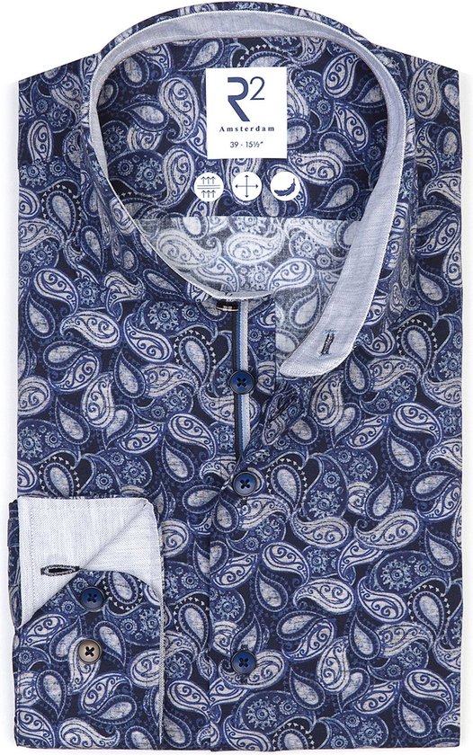 R2 Amsterdam - Overhemd Stretch Paisley Blauw - Heren - Modern-fit