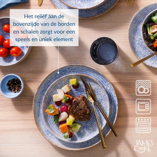Borden met blauw-witte spiraaldecoratie en gedekt eten, met iconen voor vaatwasser en oven.