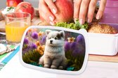 Broodtrommel Wit - Lunchbox Puppy - Bloemen - Planten - Natuur - Husky - Brooddoos 18x12x6 cm - Brood lunch box - Broodtrommels voor kinderen en volwassenen