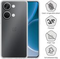 Transparante telefoonhoes met achterkant voor OnePlus Nord 3. Iconen tonen 'Geen vingerafdrukken', 'Flexibel', 'Plakt niet', 'Schokbestendig'.