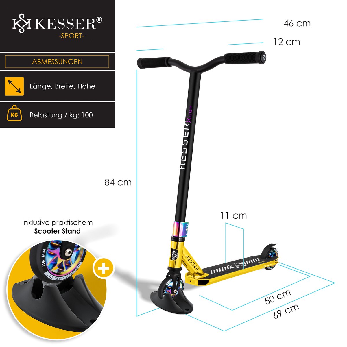KESSER® Stuntstep X-Limit-Pro 360° voor Volwassenen en Kinderen - Chroom / Goud