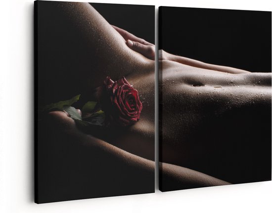 Artaza Canvas Schilderij Tweeluik Naakte Vrouwenlichaam met een Rode Roos - Erotiek - 80x60 - Klein - Foto Op Canvas - Canvas Print