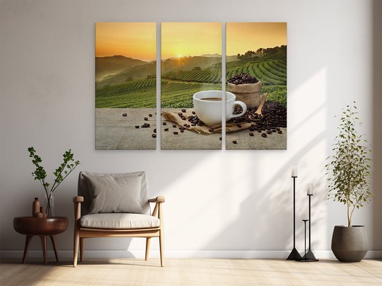 Artaza Canvas Schilderij Drieluik Kopje Koffie Op Een Plantage Achtergrond6 - 180x120 - Groot - Foto Op Canvas - Canvas Print