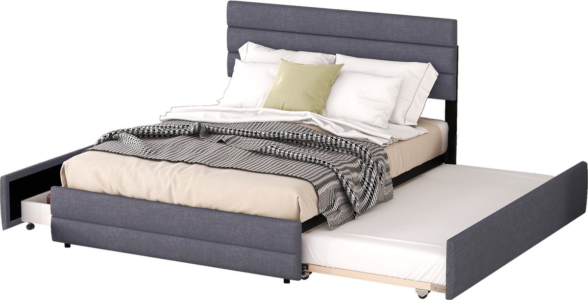 Merax Tweepersoonsbed 140 x 200 - Bedframe met 2 Lades en extra Uitschuifbaar Bed 90 x 190 - Grijs