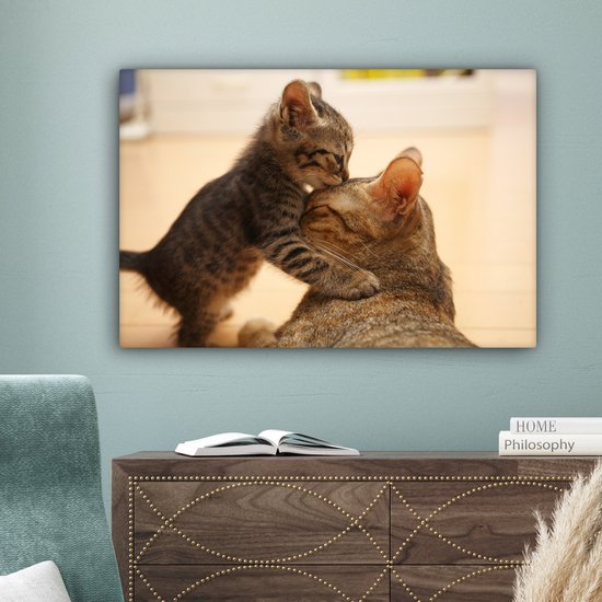 Chat câlin avec chaton 60x40 cm - Tirage photo sur toile (Décoration murale salon / chambre)