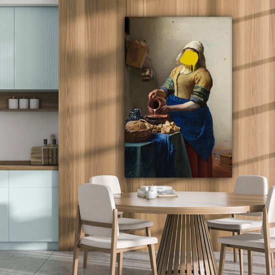 Traité du vieux maître Johannes Vermeer avec une goutte de peinture jaune 90x140 cm - Tirage photo sur toile (Décoration murale salon / chambre)