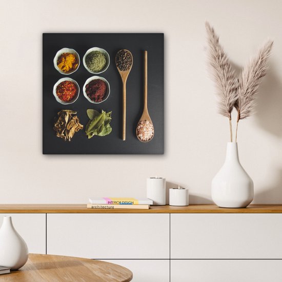 Peinture sur Toile Louche - Épices - Herbes - Vert - Marron - Rustique - 50x50 cm - Décoration murale