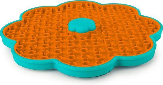 Blauwe, bloemvormige voerbak met een oranje, getextureerd oppervlak en een centraal opzetstuk.