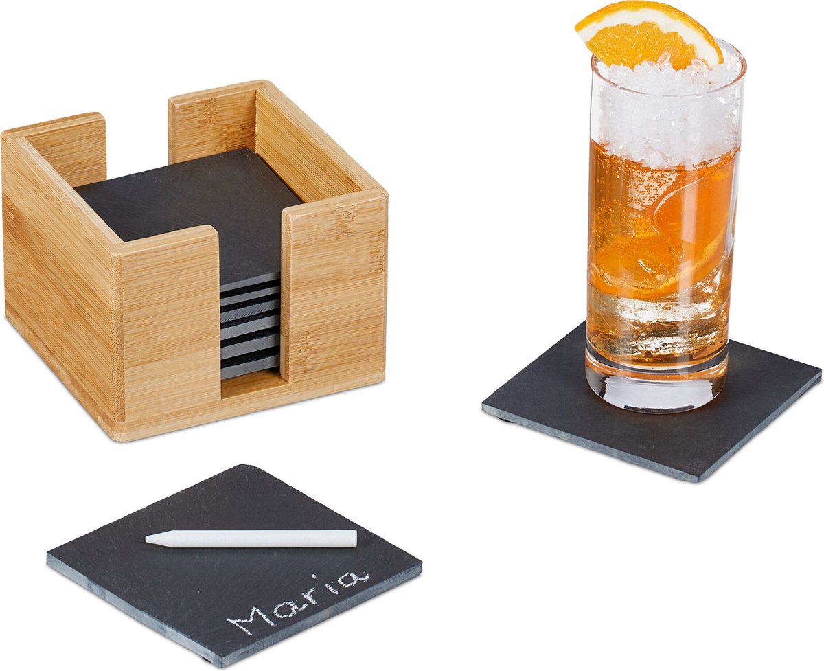 leisteen onderzetters - set van 8 - 10x10 cm - vierkant - bamboe houder - antraciet
