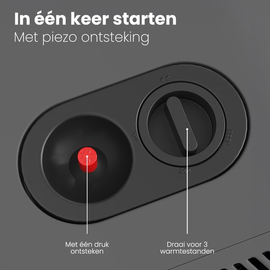 Close-up van de bedieningsknoppen van een gaskachel: rode drukknop en draaiknop met standen.