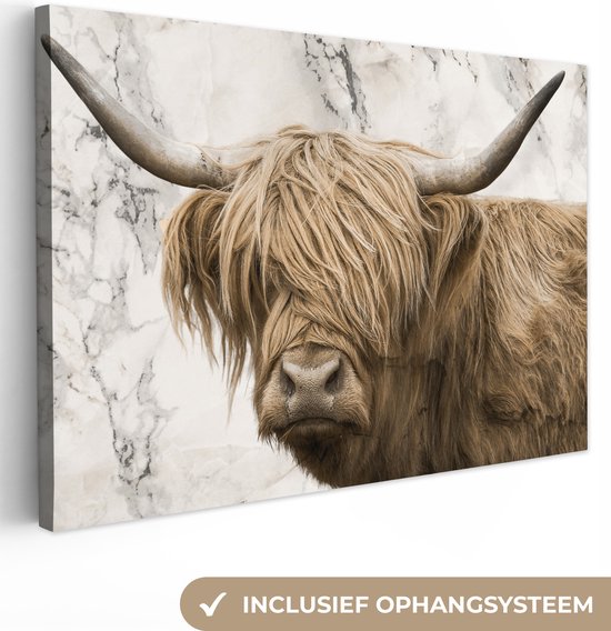 Canvas Schilderij Schotse hooglander - Marmer - Dieren - 90x60 cm - Wanddecoratie