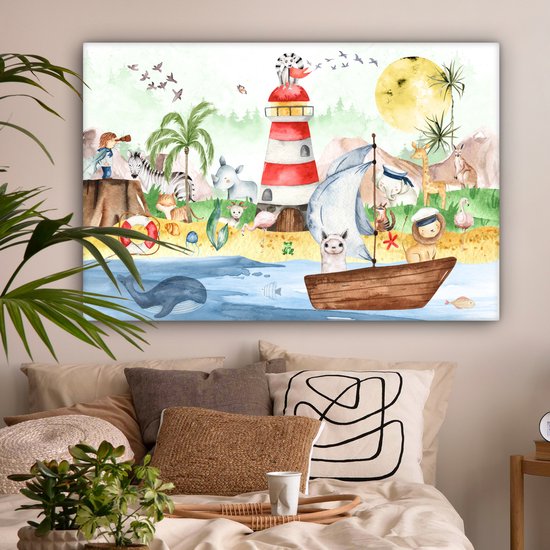 Toile - Chambre d'enfant - Enfant - Phare - Plage - Mer - Animaux - Bateau - Peinture sur toile - Toile canvas - 120x80 cm