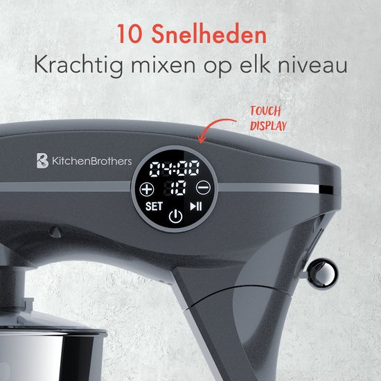 KitchenBrothers Keukenmachine - Touch Display en Timer - Keukenrobot - 6,2L - 1800W - Keukenmixer - Aluminium - Antraciet van KitchenBrothers — afbeelding 3
