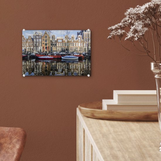 Peinture sur Verre - Une Péniche Rouge dans le Canal d'Amsterdam - 30x20 cm - Peintures sur Verre Peintures - Photo sur Glas