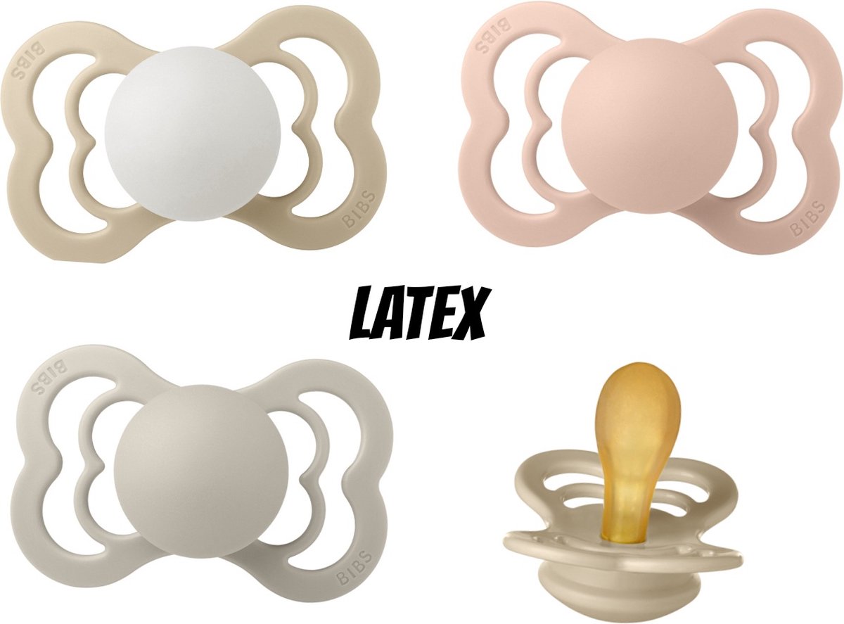 Goedkoopste Bibs Supreme Latex Fopspeen 0-6 maand set 4 stuks Vanilla,Sand,Blush en Vanilla glow maat 1