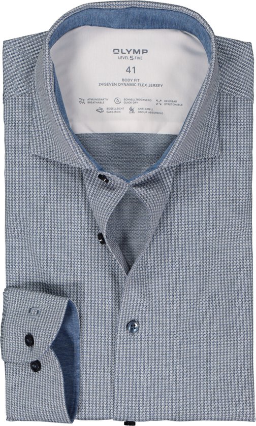 Chemise OLYMP 24/7 Level 5 body fit - jersey - bleu avec mini motif blanc - Repassage facile - Taille de col : 38
