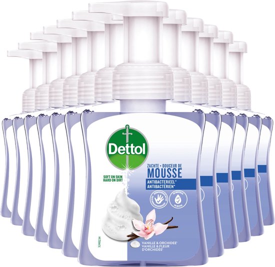 Rij van Dettol zachte mousse flessen met Orchidee & Vanille opdruk. Een fles op de voorgrond.