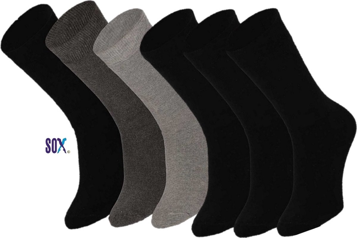 SOX Thermische Full Terry 6 PACK Unisex sokken 37/42 Effen Zwart/Grijs assorti Sterk en Naadloos
