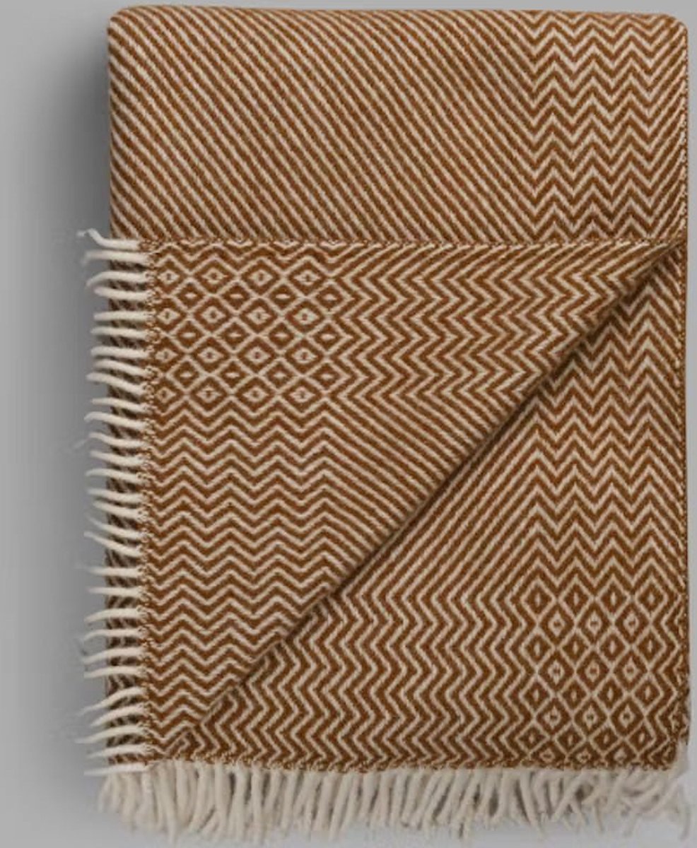 Røros Wollen Plaid - Oker/Beige - Kattefot patroon - Røros - 220x140cm