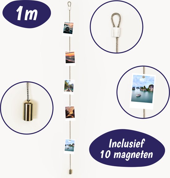 Fotokoord Magneten - Fotoslinger 1m - 10 Magneten - Muurdecoratie - Kamer Decoratie Tieners - Fotodraad - Kaartenhouder