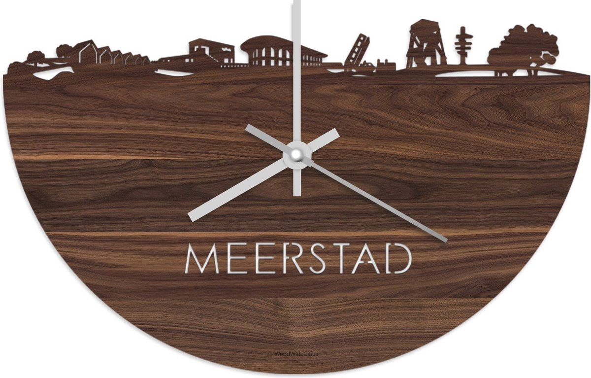 Skyline Klok Meerstad Notenhout - Ø 40 cm - Stil uurwerk - Wanddecoratie - Meer steden beschikbaar - Woonkamer idee - Woondecoratie - City Art - Steden kunst - Cadeau voor hem - Cadeau voor haar - Jubileum - Trouwerij - Housewarming - WoodWideCities
