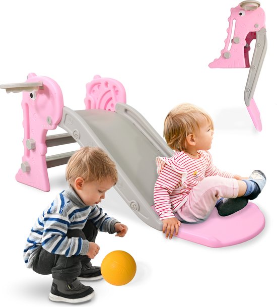 Foto: Mobiclinic dino glijbaan voor kinderen binnen en buiten inklapbaar inclusief mand en bal afgeronde randen antislip treden max 35kg