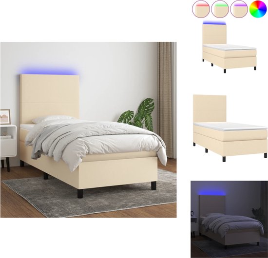 vidaXL Boxspring - Crème - 193 x 90 x 118/128 cm - Verstelbaar hoofdbord - LED-verlichting - Pocketvering matras - Huidvriendelijk topmatras - Bed