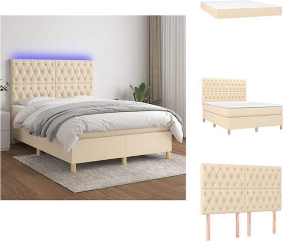 vidaXL Boxspring Bed - Crème - LED - 193 x 144 x 118/128 cm - Pocketvering - Huidvriendelijk - Bed