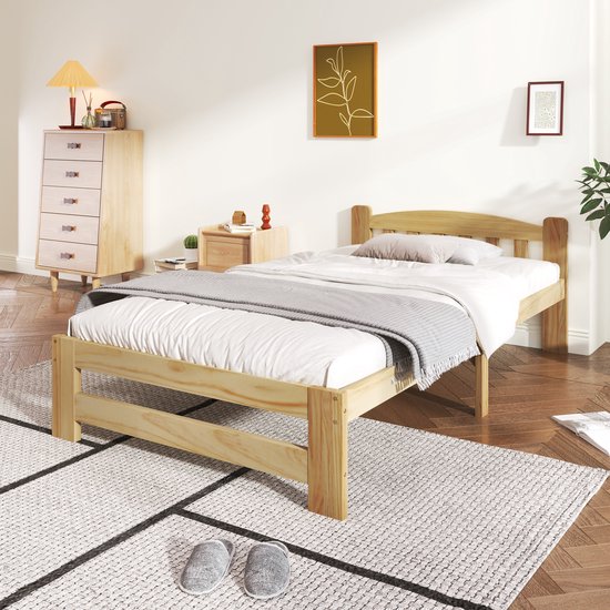 Lit Simple En Bois Massif Naturel 90x200 Cm Avec Tête De Lit Et Sommier à Lattes – Idéal Pour Ado Et Adulte - 10