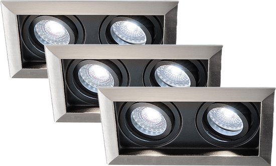 HOFTRONIC - Set van 3 Durham Dubbel LED Inbouwspots vierkant RVS - GU10 - 10 Watt 800 Lumen - 6000K Daglicht wit licht - Kantelbaar en Dimbaar - Diameter 100x185mm - Plafondspots 2 lichts