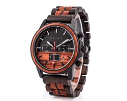 HO23-D15.3 - Donkerbruin houten Chronograaf horloge, band houten schakels, dag, horlogesluiting ** KADO edelsteen armband