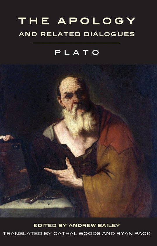 Boek "The Apology and Related Dialogues" van Plato, met een schilderij van een oude man met een baard.