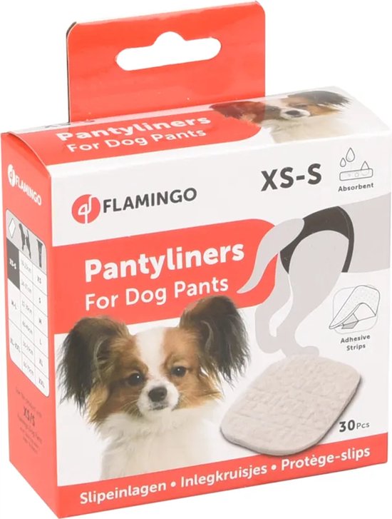 Kartonnen doos met een Papillon hond, een illustratie van een hond met een broekje en pantyliners. Maat XS-S, 30 stuks.