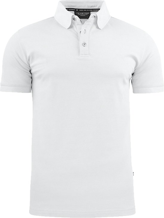 Witte poloshirt van Texstar met korte mouwen, knoopsluiting en kraag, vooraanzicht.