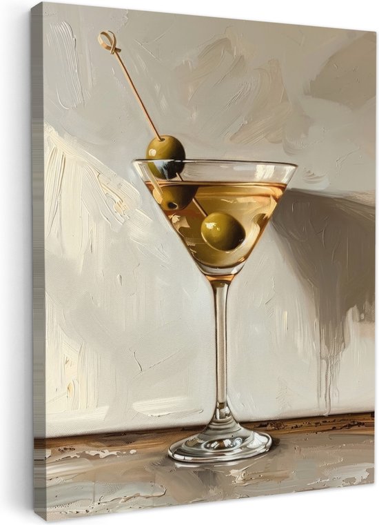 Abstract schilderij van een martini glas met twee olijven aan een prikker op een lichte achtergrond.