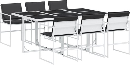 Een witte tuinset met een tafel en zes stoelen met zwarte zittingen en rugleuningen.