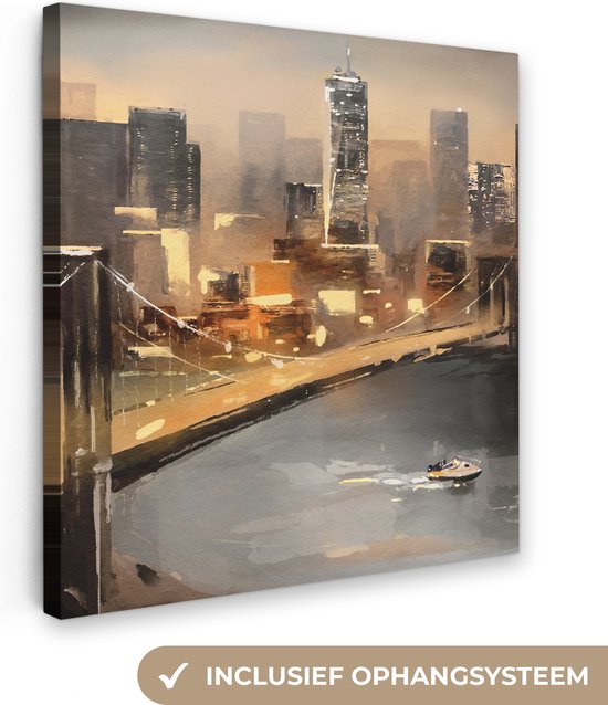 Toile - Peinture - Peinture à l'huile - Skyline - Ville - Water - 90x90 cm - Décoration murale - Peintures sur toile