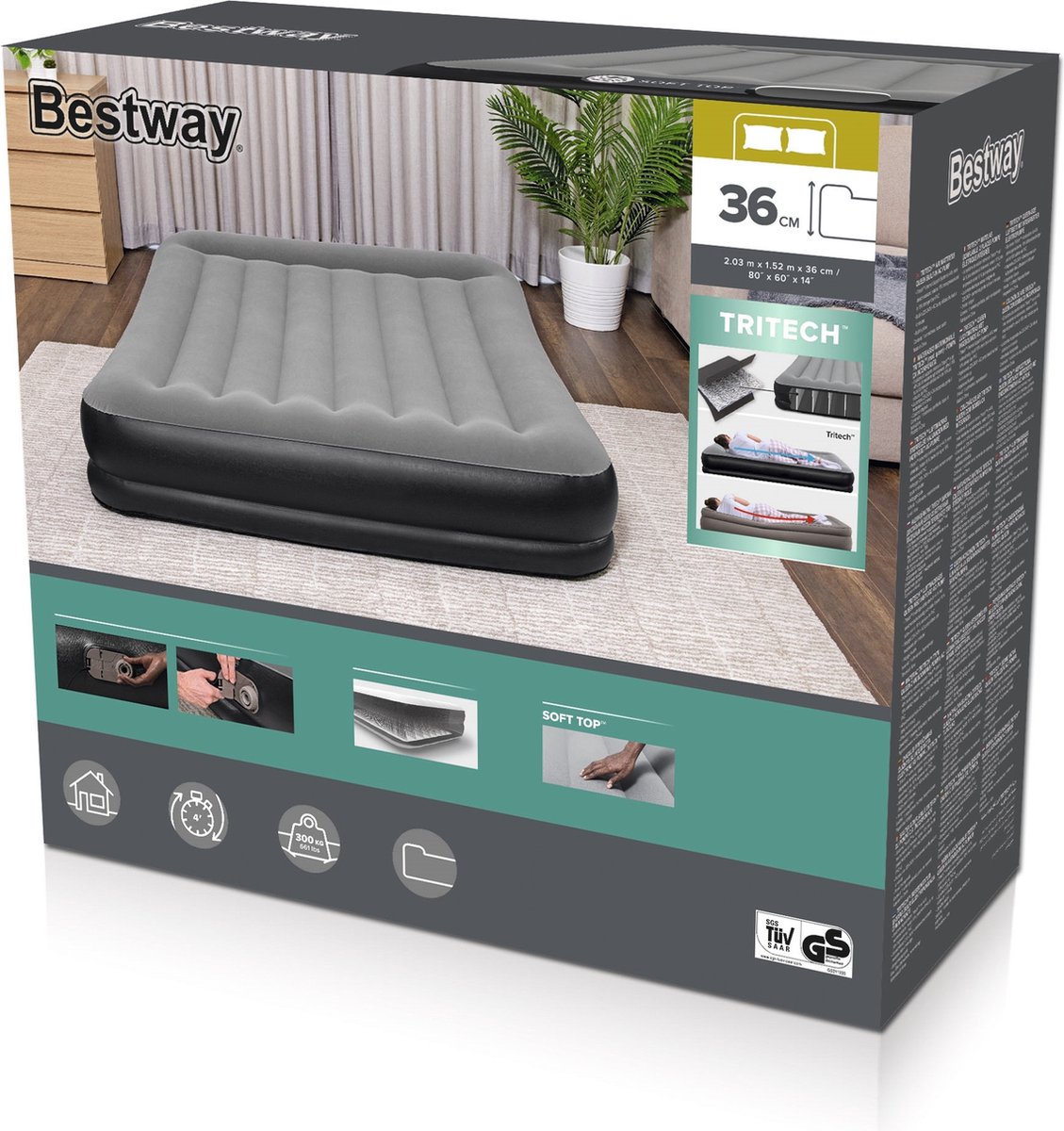Opblaasbaar bed - BESTWAY - 2-zits matras - 203 x 152 x 36 cm - Geïntegreerde elektrische pomp