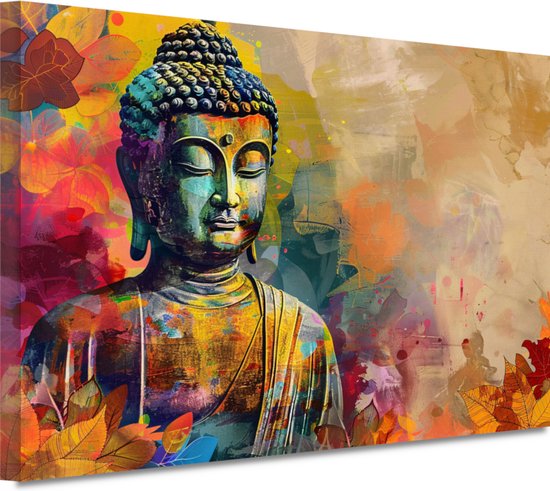 Portrait de Bouddha - Décoration murale Spiritualité - Peintures toile Feuilles - Décoration murale moderne - Toile cuisine - Toile Accessoires de maison 60x40 cm